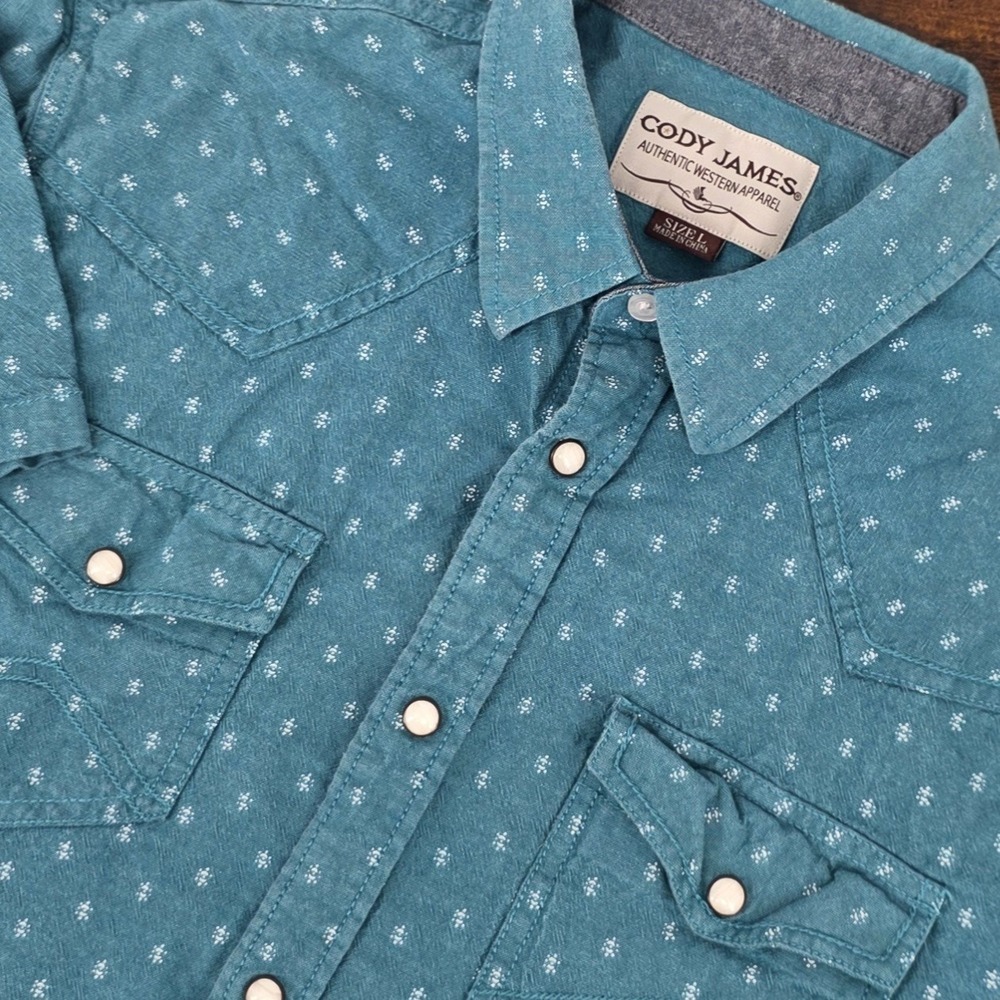 Cody James Men's Short Sleeve Pearl Snap Butt On Geometric Blue‎ Aqua Sz L